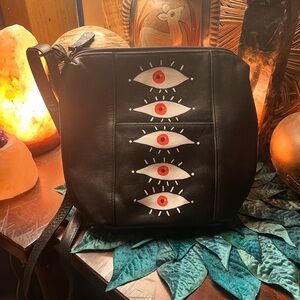 Black Leather Crossbody Bag with Eye Motif